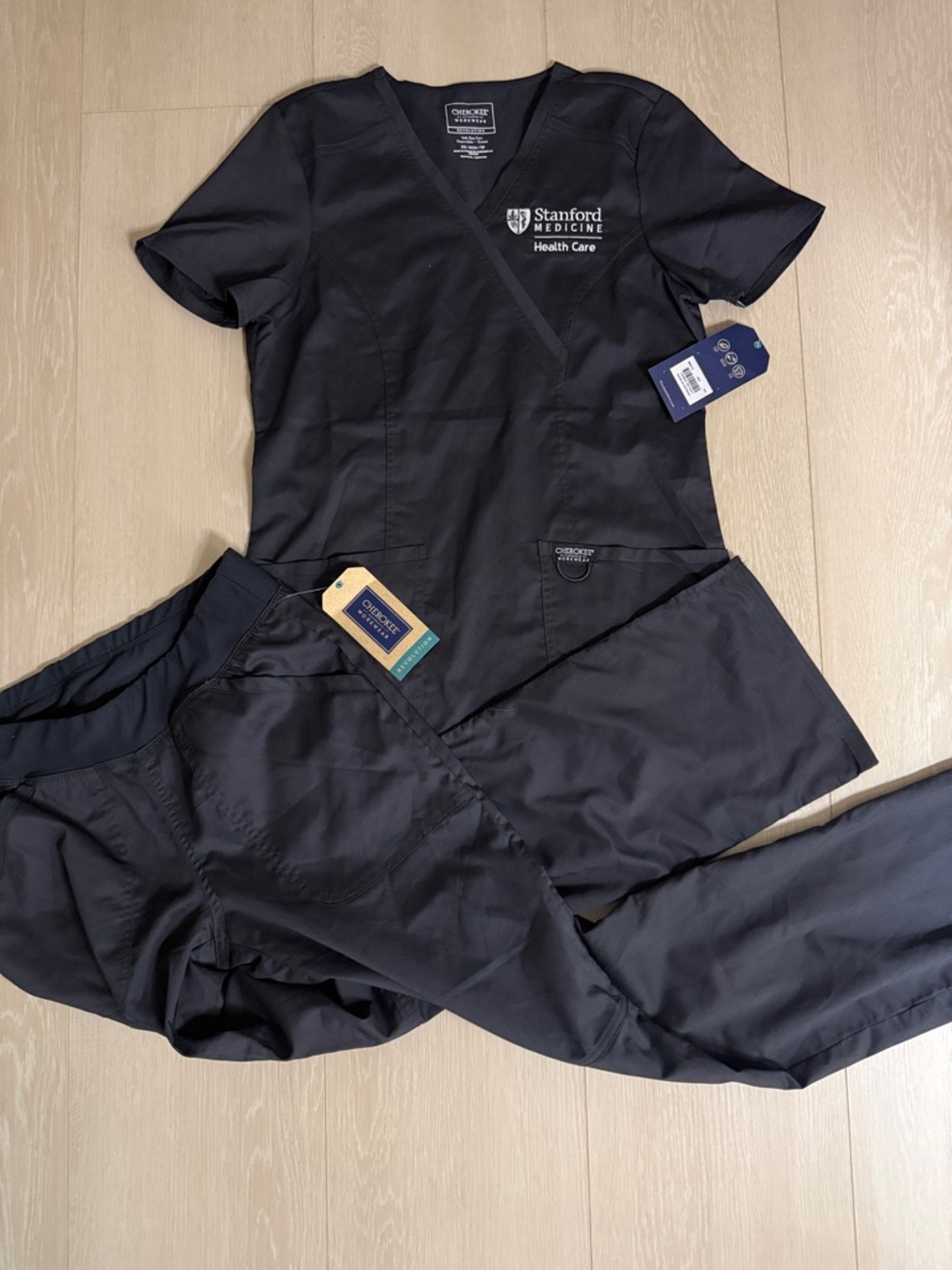 Cherokee Stanford Medicine Midnight Blue Scrubs V-Neck Top and Bottoms Set